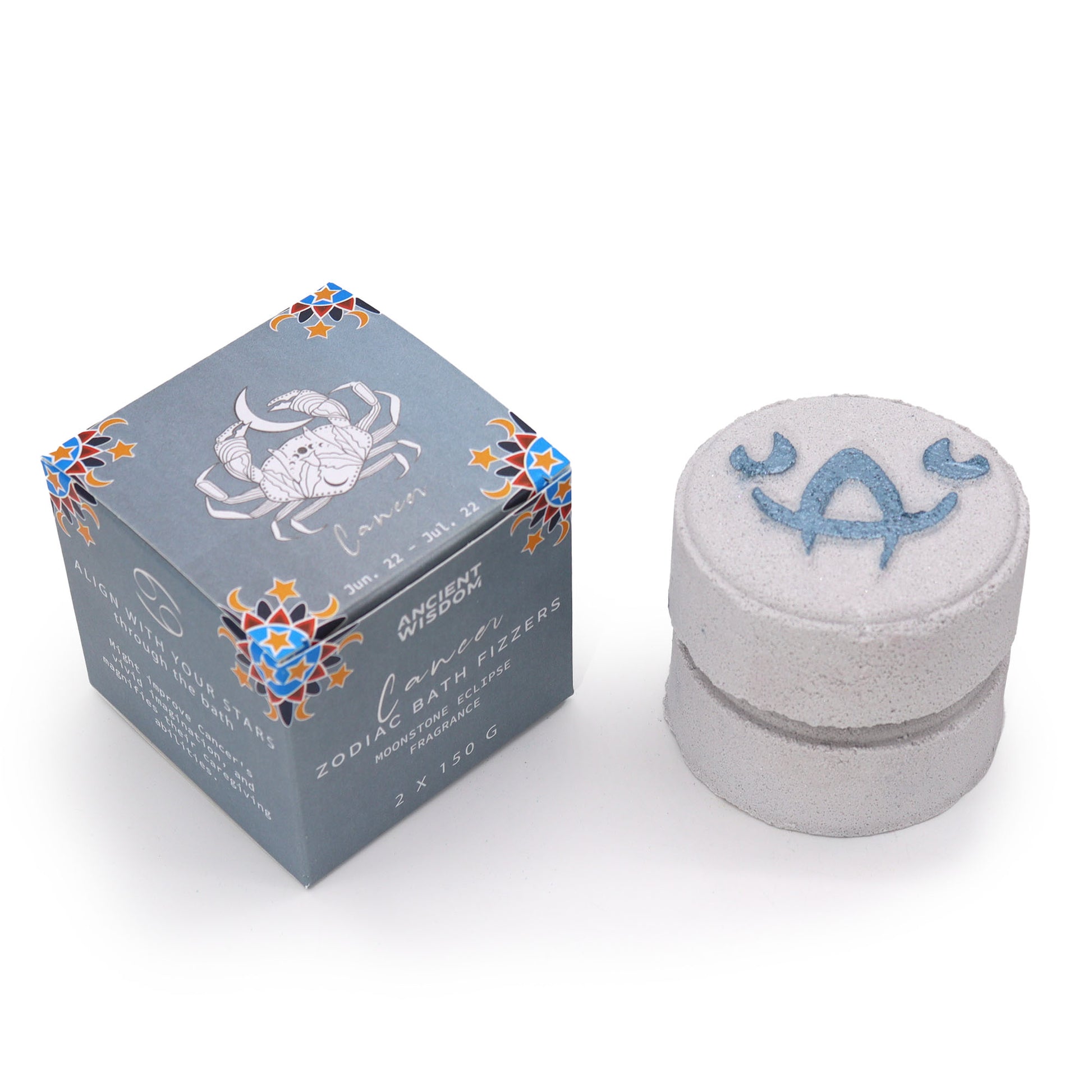 Cancer Zodiac Bath Bombs – set of two 150g bath bombs with cassis, rose and amber scent, hidden horoscope, and Moonstone energy