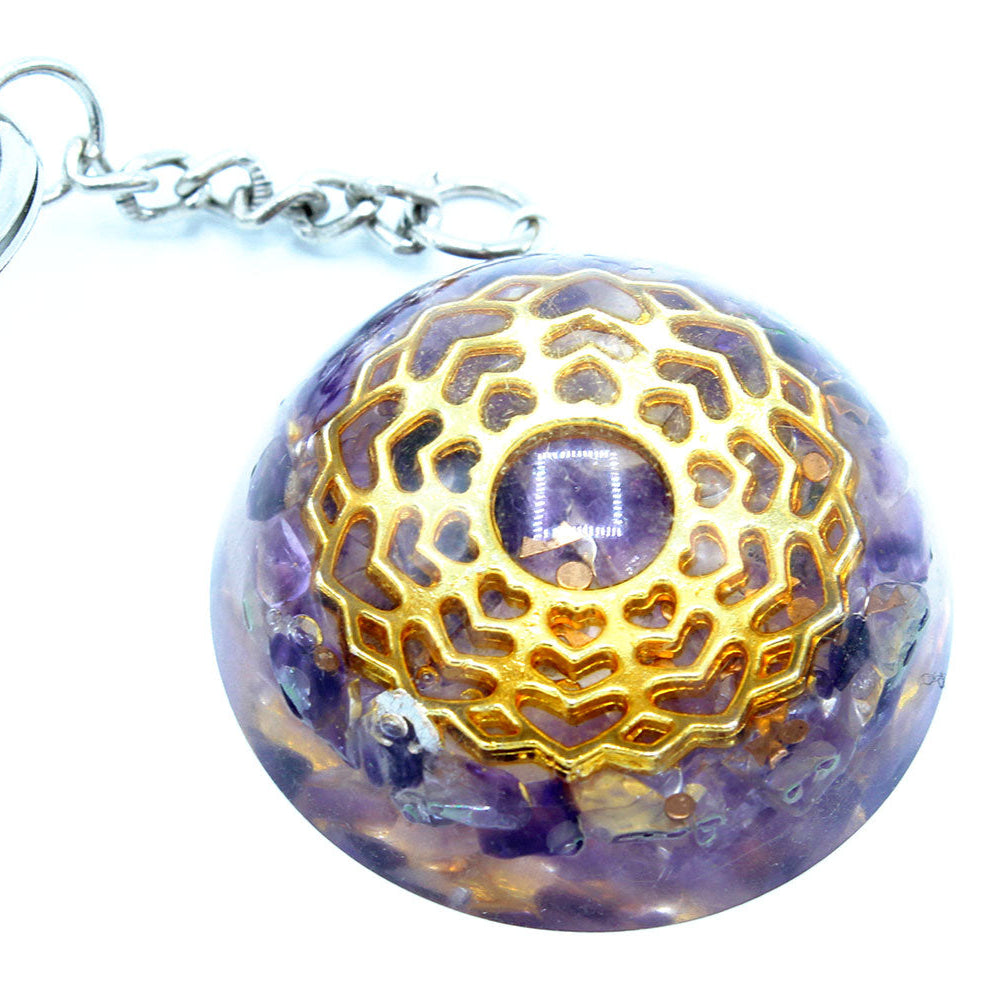 Orgonite Power Keyring - Amethyst Mandala Hearts