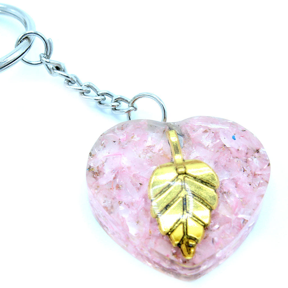 Orgonite Power Keyring - Rose Quartz Hearts Golden Leaf