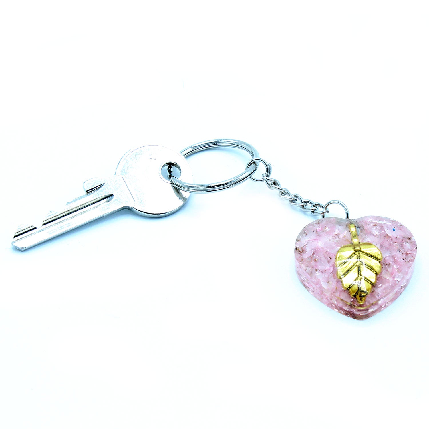 Orgonite Power Keyring - Rose Quartz Hearts Golden Leaf