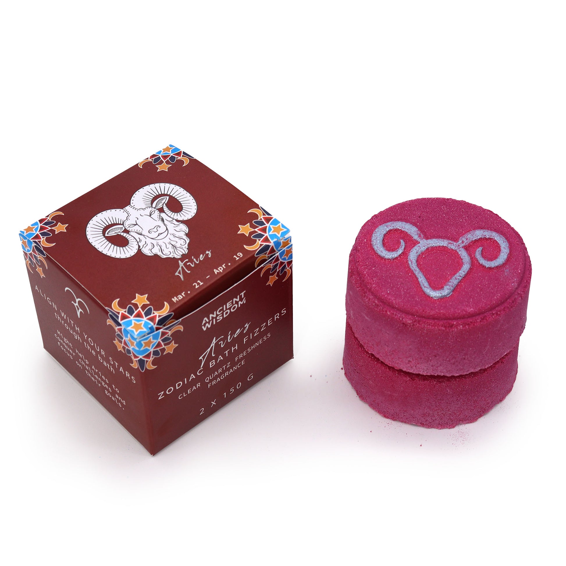 Aries Zodiac Bath Bombs – set of two 150g bath bombs with pine, sea salt and cedarwood scent, hidden horoscope, and Clear Quartz energy