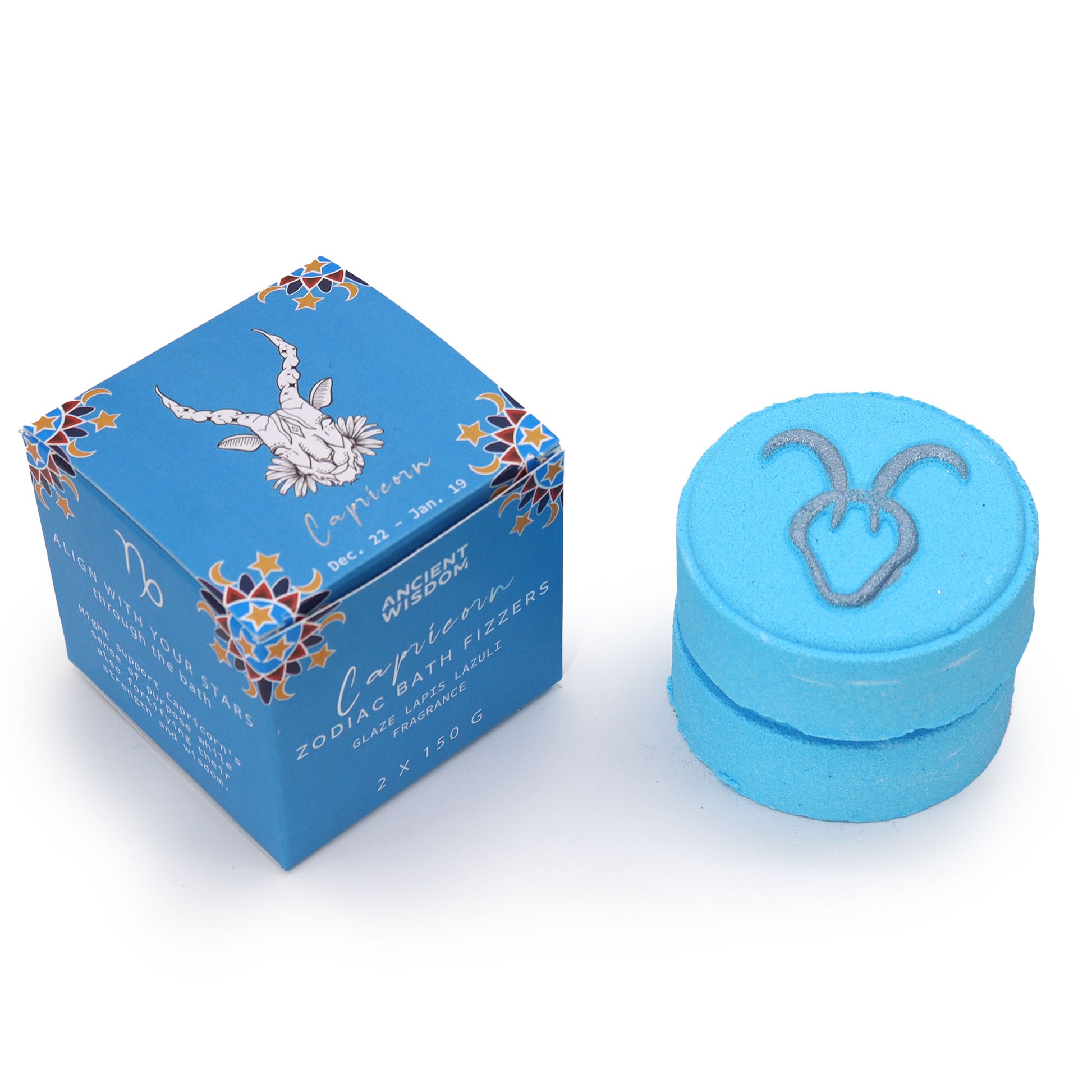 Capricorn Zodiac Bath Bombs – set of two 150g bath bombs with coconut, jasmine and sandalwood scent, hidden horoscope, and Lapis Lazuli energy
