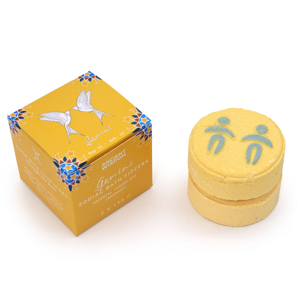 Gemini Zodiac Bath Bombs – set of two 150g bath bombs with bergamot, peach and cedarwood scent, hidden horoscope, and Tiger’s Eye energy