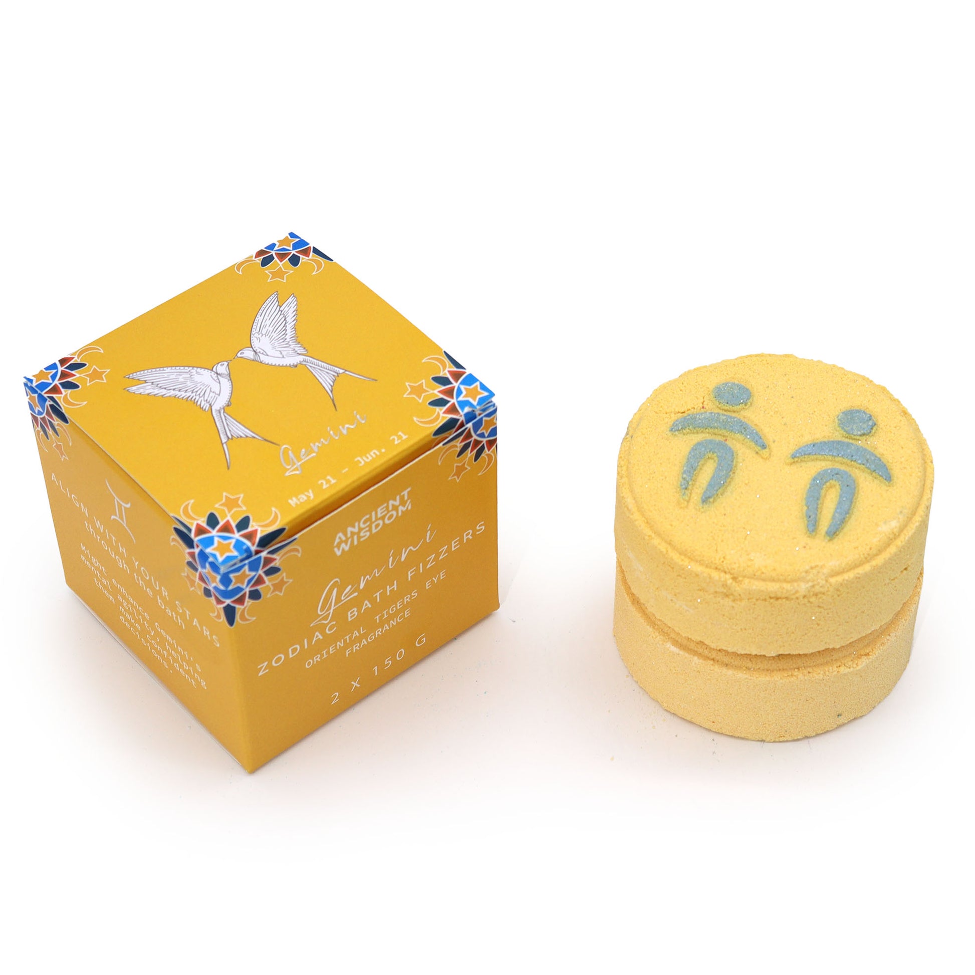 Gemini Zodiac Bath Bombs – set of two 150g bath bombs with bergamot, peach and cedarwood scent, hidden horoscope, and Tiger’s Eye energy