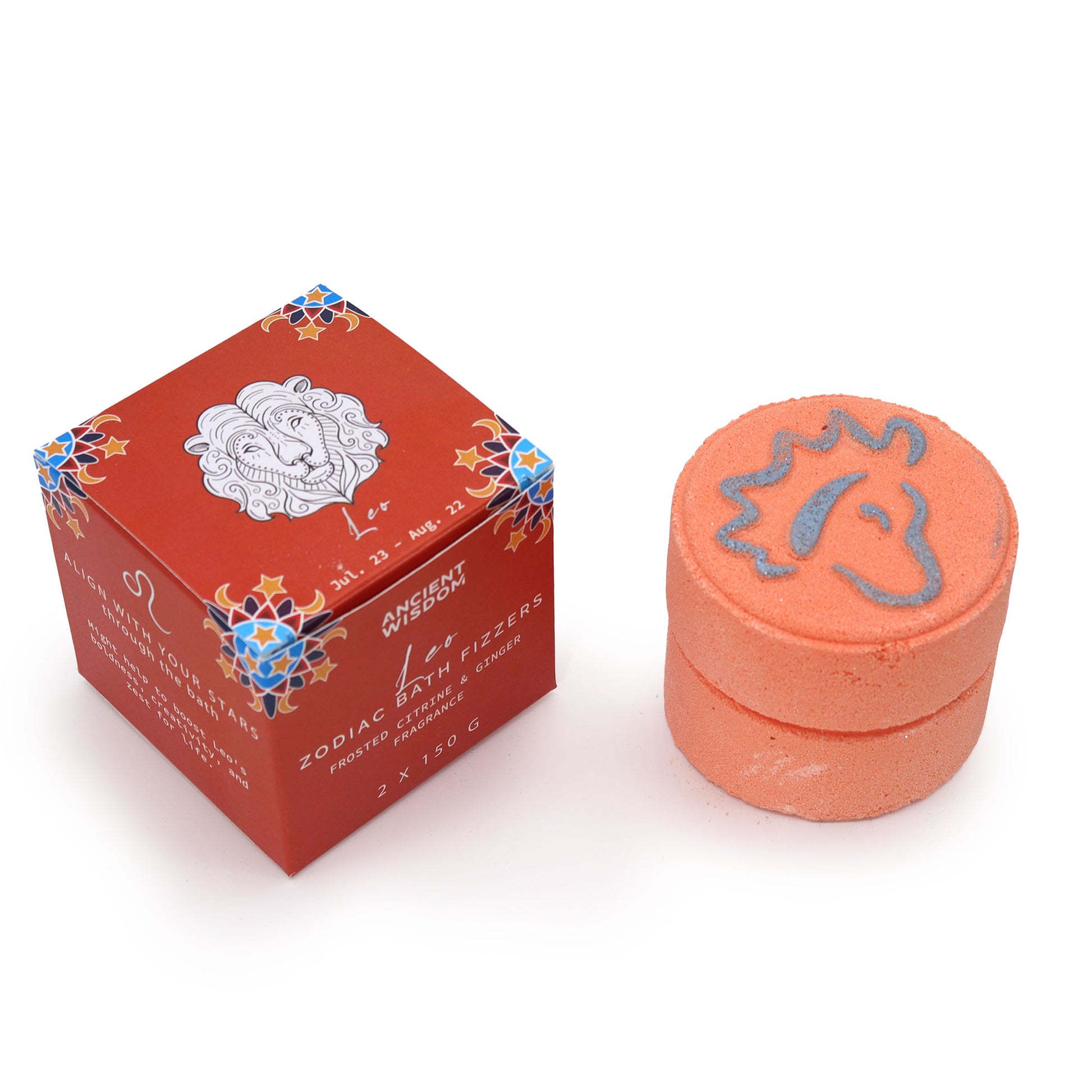 Leo Zodiac Bath Bombs – set of two 150g bath bombs with citrus, rose and ginger scent, hidden horoscope, and Citrine energy