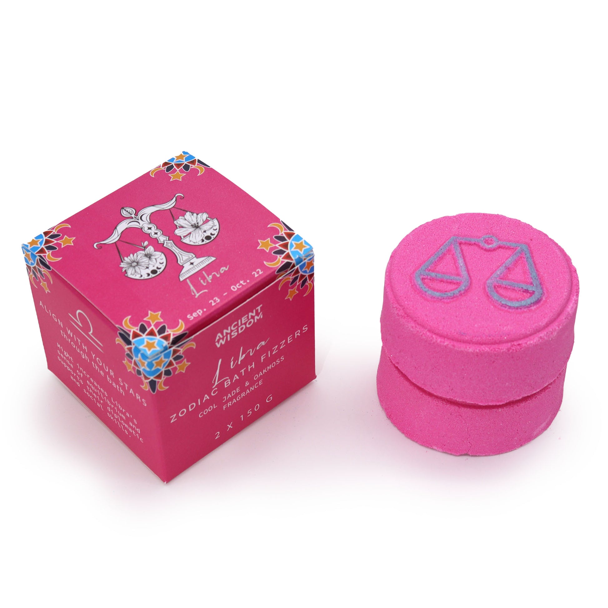 Libra Zodiac Bath Bombs – set of two 150g bath bombs with citrus, rose and oakmoss scent, hidden horoscope, and Cool Jade energy