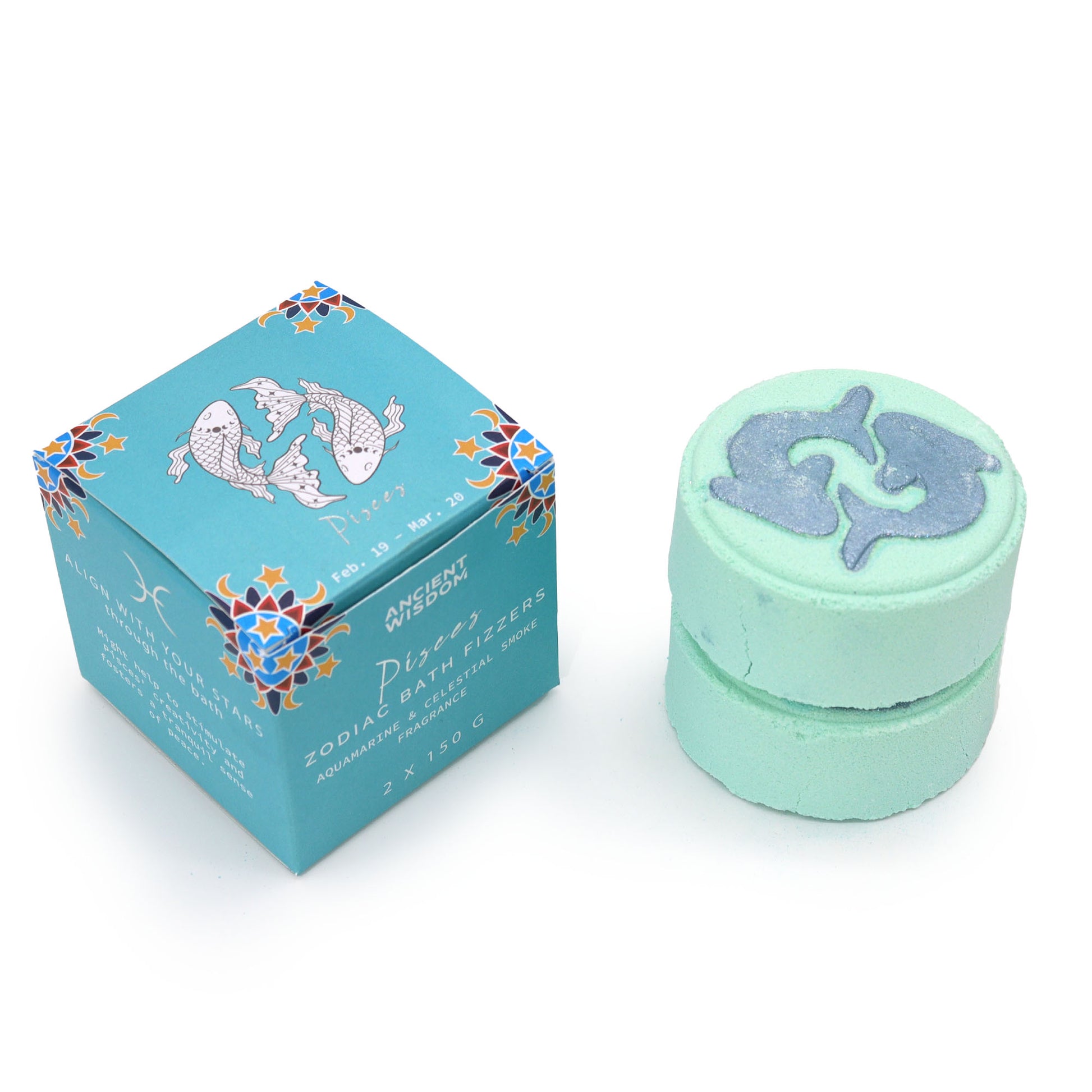 Pisces Zodiac Bath Bombs – set of two 150g bath bombs with lemon, violet and amber scent, hidden horoscope, and Aquamarine energy