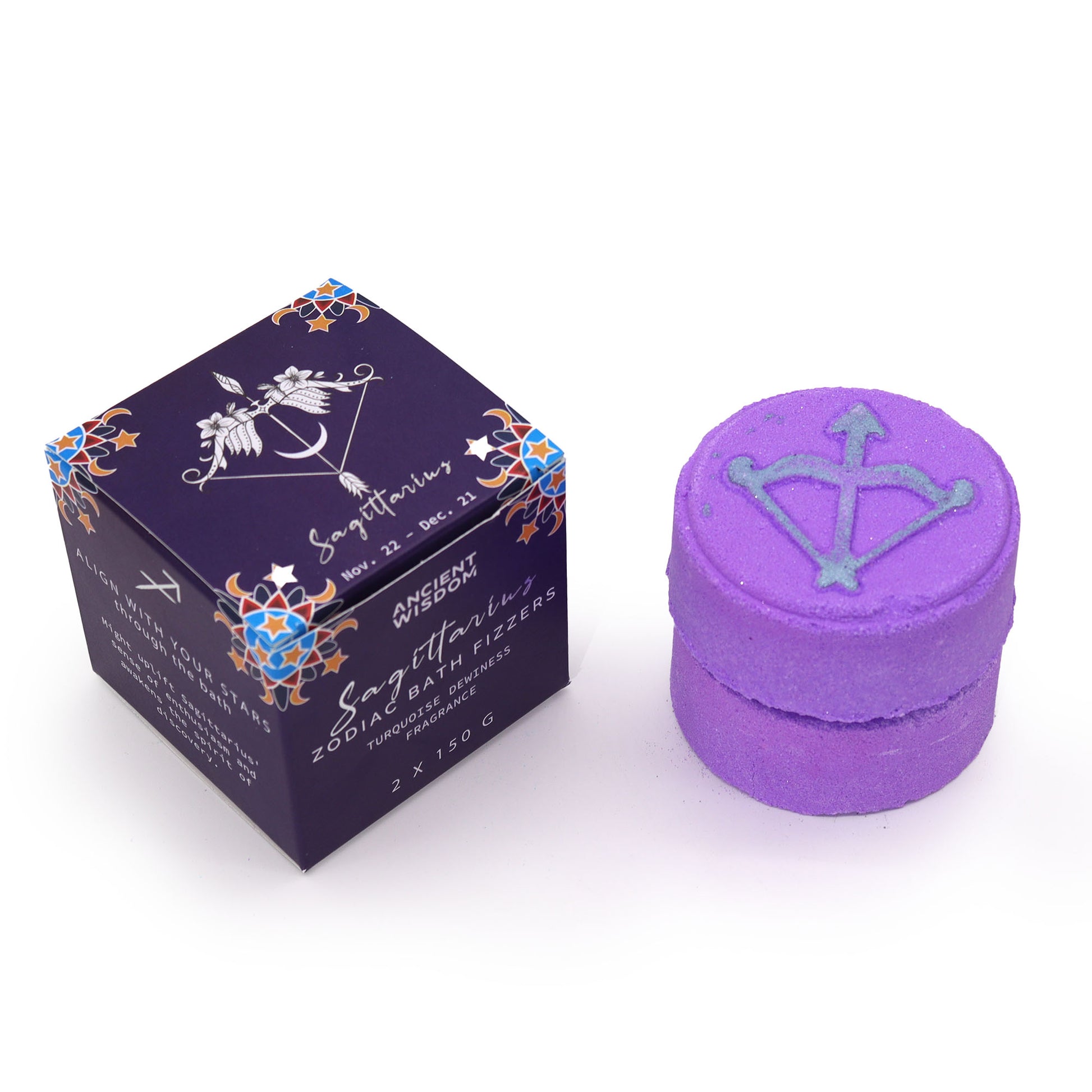 Sagittarius Zodiac Bath Bombs – set of two 150g bath bombs with citrus, jasmine and sandalwood scent, hidden horoscope, and Turquoise energy