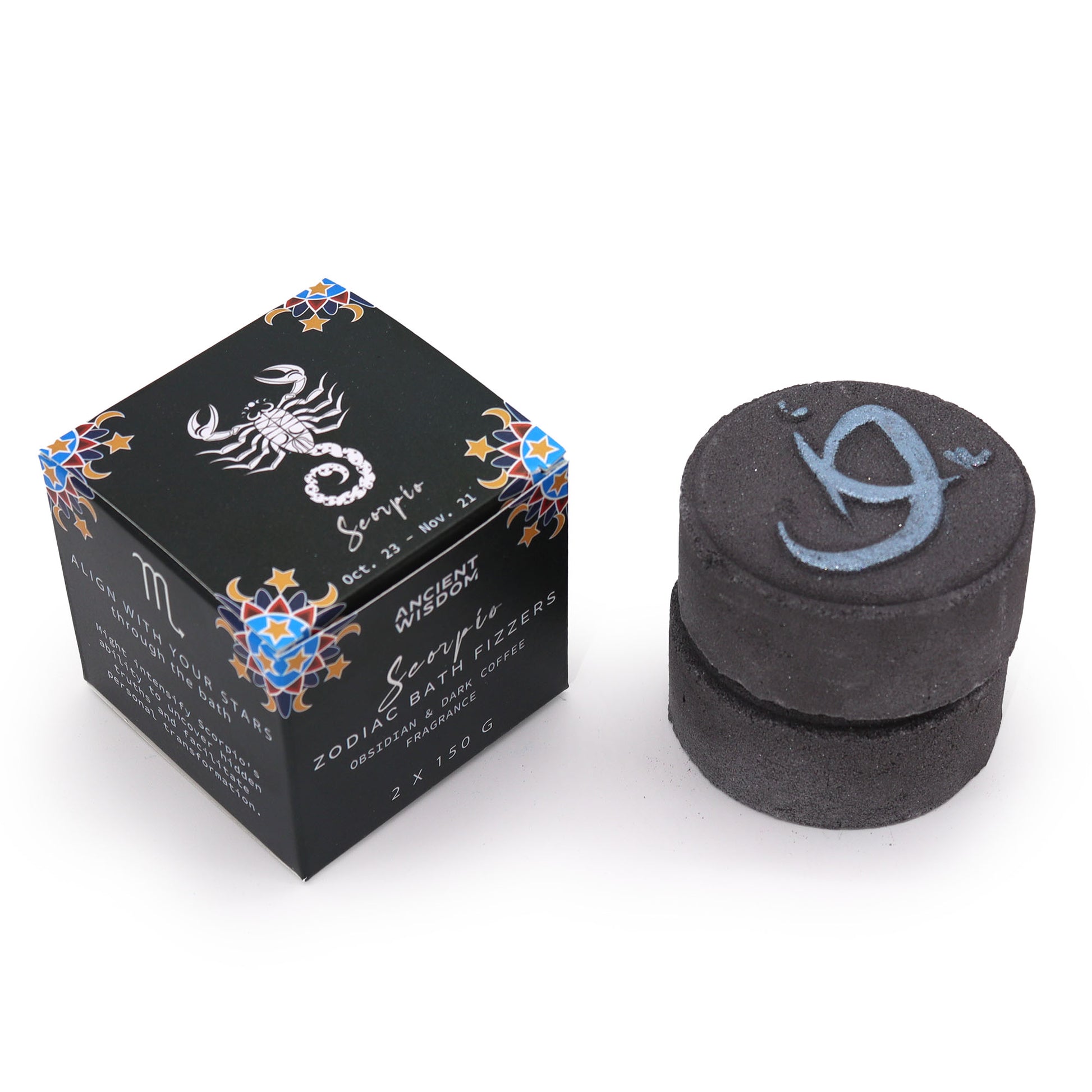 Scorpio Zodiac Bath Bombs – set of two 150g bath bombs with black pepper, jasmine and vanilla scent, hidden horoscope, and Obsidian energy.