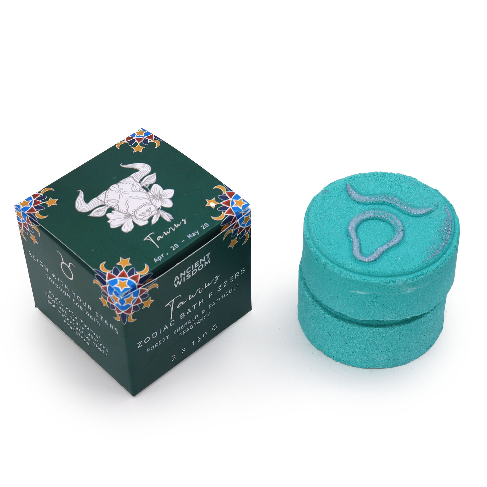 Taurus Zodiac Bath Bombs – set of two 150g bath bombs with mint, cypress and patchouli scent, hidden horoscope, and Forest Emerald crystal energy.