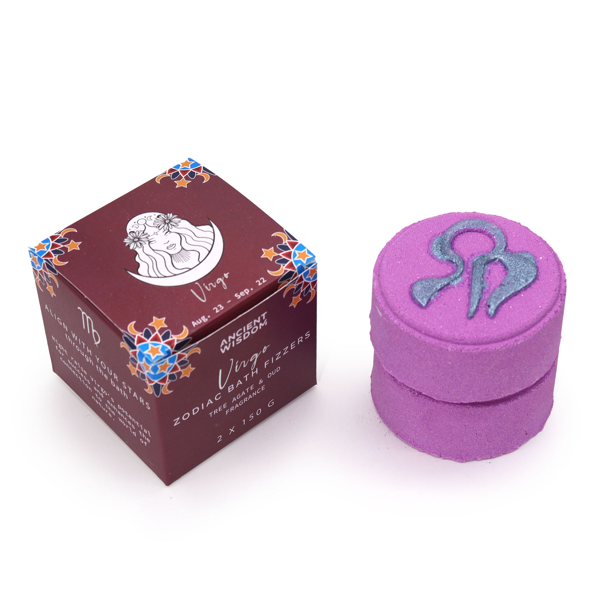 Virgo Zodiac Bath Bombs – set of two 150g bath bombs with calming clove, raspberry and oud fragrance, ideal astrology gift for Virgos in the UK.